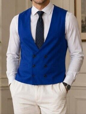 NWT Topman Doublebreasted Vest Skinny Fit 44 Blue Lined
